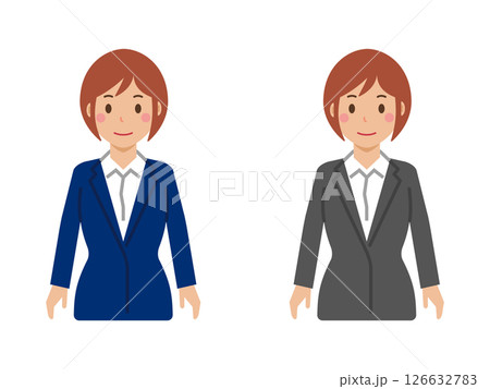 両手を下ろし、すまし顔のショートヘアの若い女性。スーツ姿の上半身 126632783
