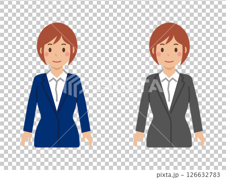 両手を下ろし、すまし顔のショートヘアの若い女性。スーツ姿の上半身 126632783