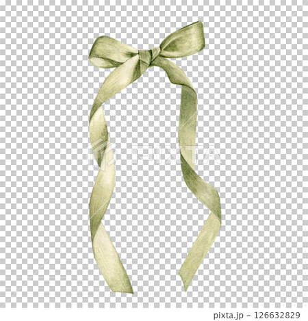 Elegant green bow ribbon with flowing tails watercolor isolated on white. Hand-painted ideal for gift shop branding, wedding stationery, fashion tags, charity packaging, romantic graphic design Elegant green bow ribbon with flowing tails watercolor isolated on white. Hand-painted ideal for gift shop branding, wedding stationery, fashion tags, charity packaging, romantic graphic design 126632829
