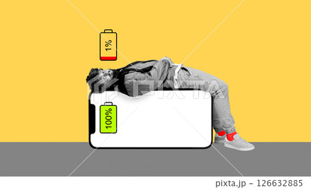 Battery Life Reversed. Man lies drained over full phone battery while own energy shows one percent. Symbol of tech-driven burnout. Surreal collage. Battery Life Reversed. Man lies drained over full phone battery while own energy shows one percent. Symbol of tech-driven burnout. Surreal collage. 126632885