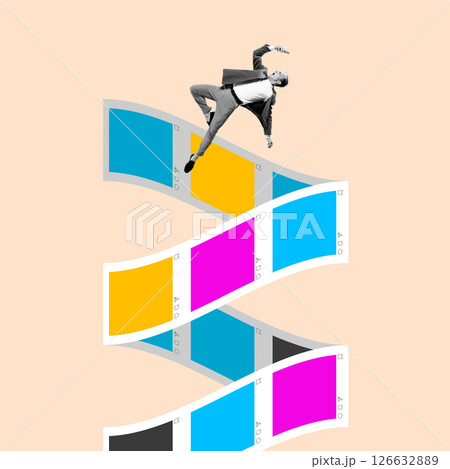 Man Falling Through Social Feed. Businessman falls through wavy stream of empty posts colored in colorful palette. Surreal art collage Man Falling Through Social Feed. Businessman falls through wavy stream of empty posts colored in colorful palette. Surreal art collage 126632889