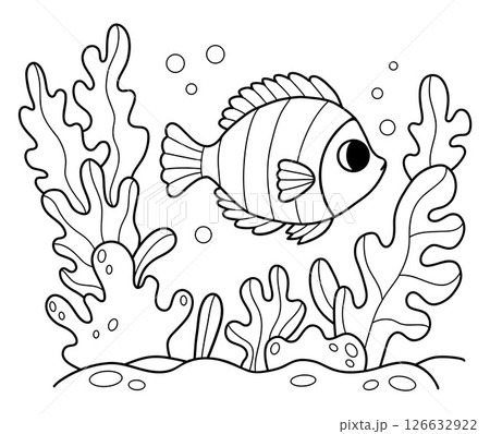 Outline Striped Tropical Fish swim Coral Reef. Coloring Page. Line drawing. Vector illustration. Kids collection 126632922