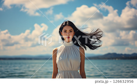 海辺に立つ髪の長い美しい女性　Beautiful woman with long hair stan 126632956