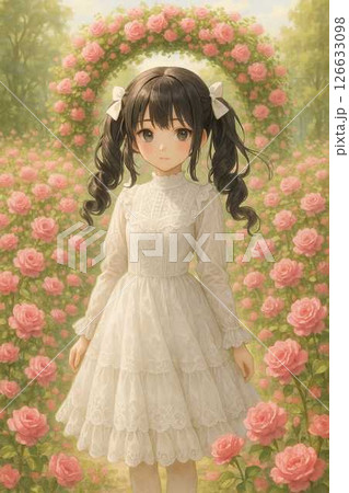 バラ園の少女ーアニメ風ー白ドレスーツインテールーバラのアーチ 126633098