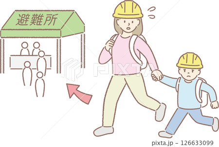 災害時に避難所に向かう親子 災害時に避難所に向かう親子 126633099