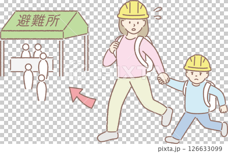 災害時に避難所に向かう親子 災害時に避難所に向かう親子 126633099