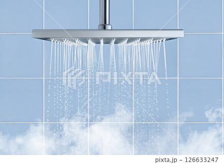 Shower head Providing Elegant Water Flow in soft blue bathroom 126633247