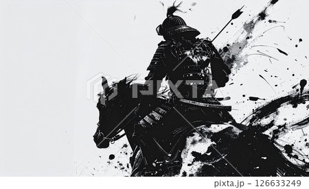 敗戦の中を駆ける甲冑の武将と痛ましい背中 126633249
