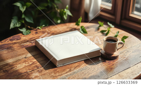 Blank notebook and pen placed on a wooden table surrounded by lush green plants, with a cup of coffee nearby, creating a serene workspace atmosphere for creativity 126633369