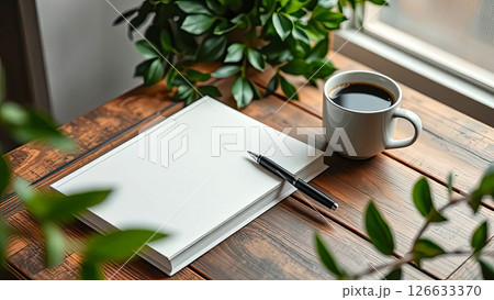 Blank notebook and pen placed on a wooden table surrounded by lush green plants, with a cup of coffee nearby, creating a serene workspace atmosphere for creativity 126633370