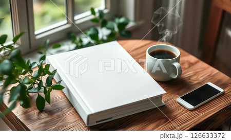 Blank notebook and pen placed on a wooden table surrounded by lush green plants, with a cup of coffee nearby, creating a serene workspace atmosphere for creativity 126633372