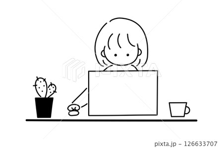 パソコンで調べ物をする女性のシンプルな線画イラスト パソコンで調べ物をする女性のシンプルな線画イラスト 126633707
