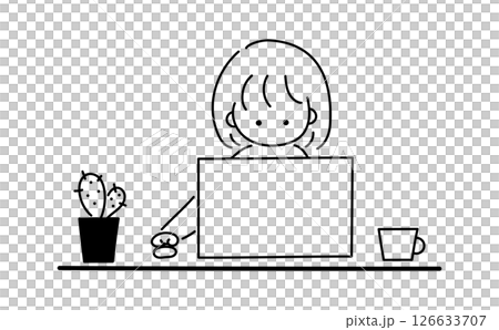 A simple line drawing of a woman doing research on a computer A simple line drawing of a woman doing research on a computer 126633707