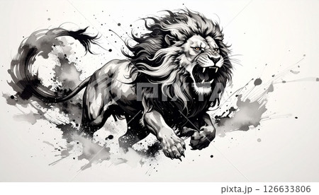 水墨画で風に吠えるライオン 126633806