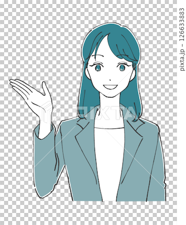 A woman in a suit guiding with her palm, hand-drawn style 126633883