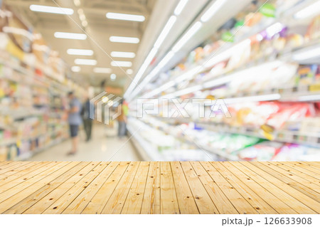 Empty wood table top with supermarket blurred background for product display 126633908