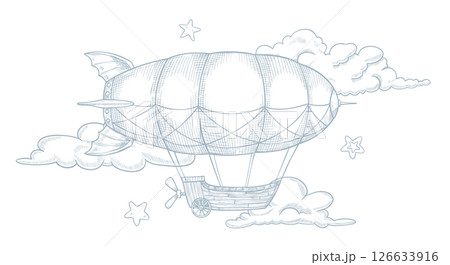 Vector illustration of Dirigible with clouds and stars. Linear drawing of Airship for Baby shower greeting cards or nursery poster. Art of Aerostat in steampunk style for childish invitations. Vector illustration of Dirigible with clouds and stars. Linear drawing of Airship for Baby shower greeting cards or nursery poster. Art of Aerostat in steampunk style for childish invitations. 126633916
