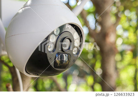 Security IP CCTV camera using solar energy install on the tree for home security system 126633923
