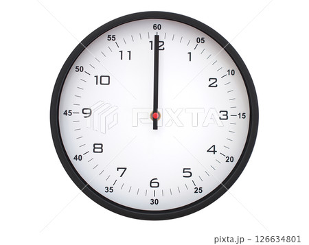 A modern white face with black numbers analog wall clock Showing 00:00 or 12:00. Isolated on White Background. 126634801