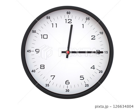 A modern white face with black numbers analog wall clock Showing 00:15 or 12:15. Isolated on White Background. 126634804