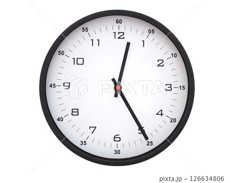 A modern white face with black numbers analog wall clock Showing 00:25 or 12:25. Isolated on White Background. A modern white face with black numbers analog wall clock Showing 00:25 or 12:25. Isolated on White Background. 126634806