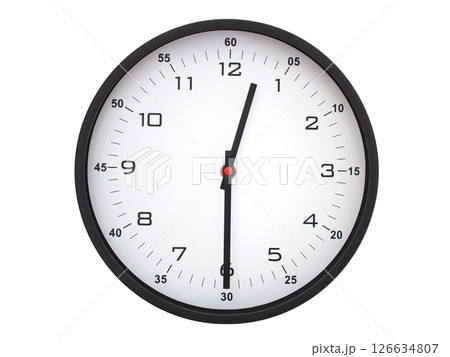 A modern white face with black numbers analog wall clock Showing 00:30 or 12:30. Isolated on White Background. 126634807