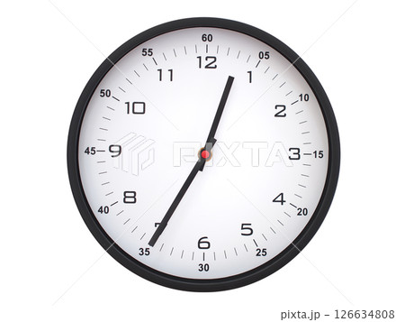 A modern white face with black numbers analog wall clock Showing 00:35 or 12:35. Isolated on White Background. 126634808