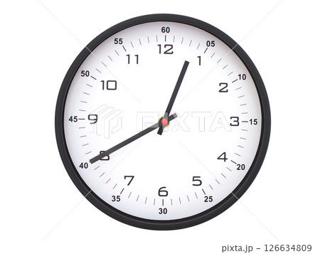 A modern white face with black numbers analog wall clock Showing 00:40 or 12:40. Isolated on White Background. 126634809
