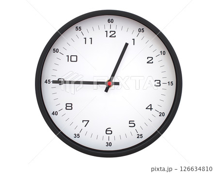 A modern white face with black numbers analog wall clock Showing 00:45 or 12:45. Isolated on White Background. A modern white face with black numbers analog wall clock Showing 00:45 or 12:45. Isolated on White Background. 126634810