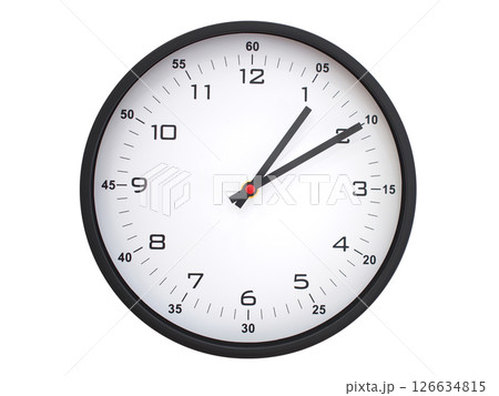 A modern white face with black numbers analog wall clock Showing 01:10 or 13:10. Isolated on White Background. 126634815