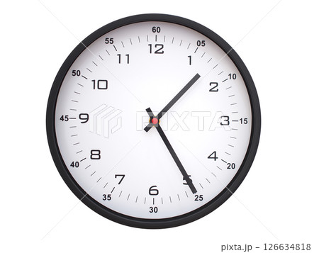 A modern white face with black numbers analog wall clock Showing 01:25 or 13:25. Isolated on White Background. A modern white face with black numbers analog wall clock Showing 01:25 or 13:25. Isolated on White Background. 126634818