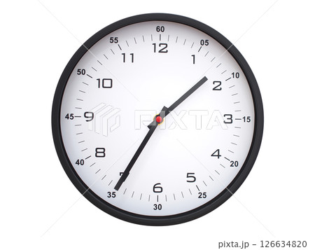 A modern white face with black numbers analog wall clock Showing 01:35 or 13:35. Isolated on White Background. A modern white face with black numbers analog wall clock Showing 01:35 or 13:35. Isolated on White Background. 126634820