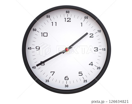 A modern white face with black numbers analog wall clock Showing 01:40 or 13:40. Isolated on White Background. A modern white face with black numbers analog wall clock Showing 01:40 or 13:40. Isolated on White Background. 126634821