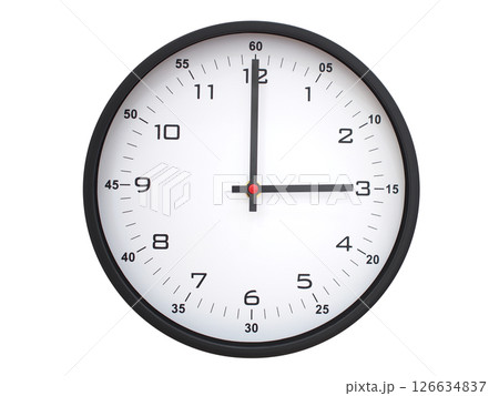 A modern white face with black numbers analog wall clock Showing 03:00 or 15:00. Isolated on White Background. 126634837