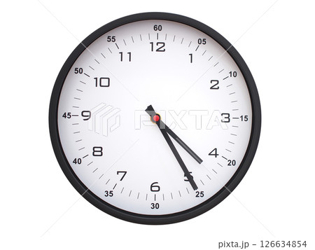 A modern white face with black numbers analog wall clock Showing 04:25 or 16:25. Isolated on White Background. A modern white face with black numbers analog wall clock Showing 04:25 or 16:25. Isolated on White Background. 126634854