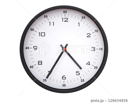 A modern white face with black numbers analog wall clock Showing 04:35 or 16:35. Isolated on White Background. A modern white face with black numbers analog wall clock Showing 04:35 or 16:35. Isolated on White Background. 126634856