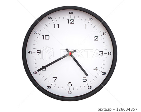 A modern white face with black numbers analog wall clock Showing 04:40 or 16:40. Isolated on White Background. A modern white face with black numbers analog wall clock Showing 04:40 or 16:40. Isolated on White Background. 126634857