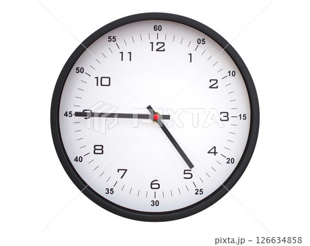 A modern white face with black numbers analog wall clock Showing 04:45 or 16:45. Isolated on White Background. A modern white face with black numbers analog wall clock Showing 04:45 or 16:45. Isolated on White Background. 126634858