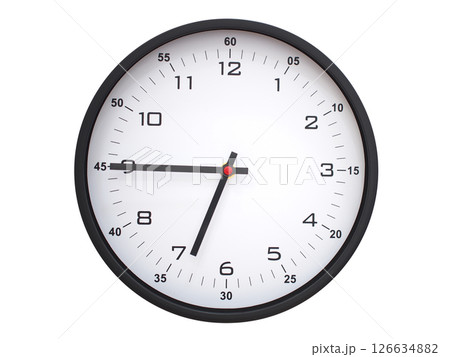 A modern white face with black numbers analog wall clock Showing 06:45 or 18:45. Isolated on White Background. A modern white face with black numbers analog wall clock Showing 06:45 or 18:45. Isolated on White Background. 126634882