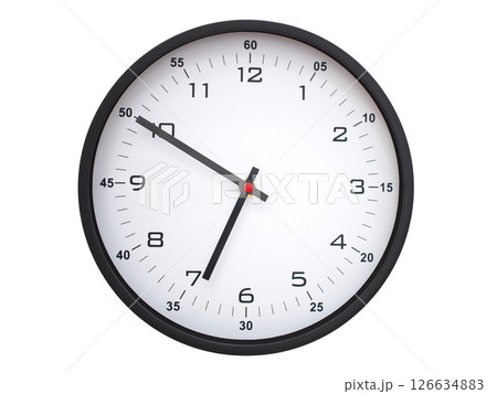 A modern white face with black numbers analog wall clock Showing 06:50 or 18:50. Isolated on White Background. A modern white face with black numbers analog wall clock Showing 06:50 or 18:50. Isolated on White Background. 126634883