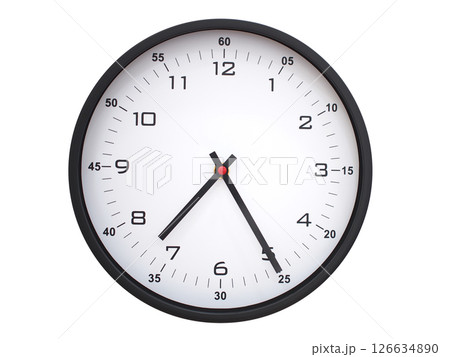 A modern white face with black numbers analog wall clock Showing 07:25 or 19:25. Isolated on White Background. A modern white face with black numbers analog wall clock Showing 07:25 or 19:25. Isolated on White Background. 126634890