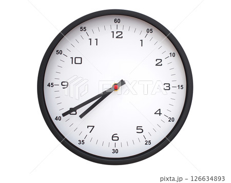 A modern white face with black numbers analog wall clock Showing 07:40 or 19:40. Isolated on White Background. A modern white face with black numbers analog wall clock Showing 07:40 or 19:40. Isolated on White Background. 126634893