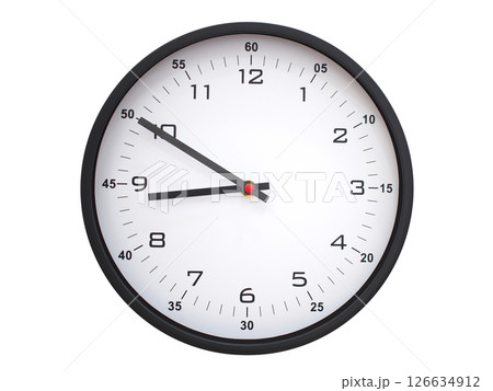 A modern white face with black numbers analog wall clock Showing 08:50 or 20:50. Isolated on White Background. A modern white face with black numbers analog wall clock Showing 08:50 or 20:50. Isolated on White Background. 126634912