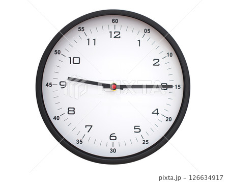 A modern white face with black numbers analog wall clock Showing 09:15 or 21:15. Isolated on White Background. 126634917