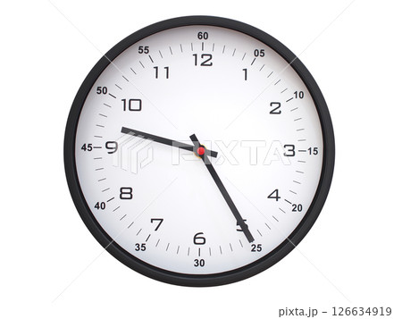 A modern white face with black numbers analog wall clock Showing 09:25 or 21:25. Isolated on White Background. A modern white face with black numbers analog wall clock Showing 09:25 or 21:25. Isolated on White Background. 126634919