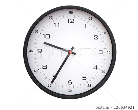 A modern white face with black numbers analog wall clock Showing 09:35 or 21:35. Isolated on White Background. A modern white face with black numbers analog wall clock Showing 09:35 or 21:35. Isolated on White Background. 126634921