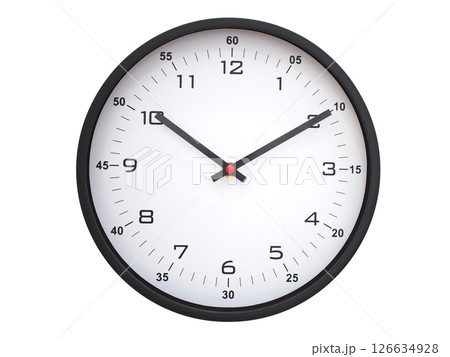 A modern white face with black numbers analog wall clock Showing 10:10 or 22:10. Isolated on White Background. 126634928