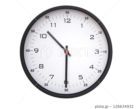 A modern white face with black numbers analog wall clock Showing 10:30 or 22:30. Isolated on White Background. 126634932
