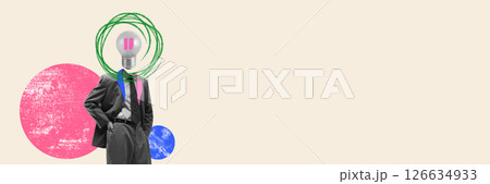 Mind on Pause. Frozen timer in head as brain takes pause from overload against beige background with negative space. Conceptual art collage. Banner. 126634933