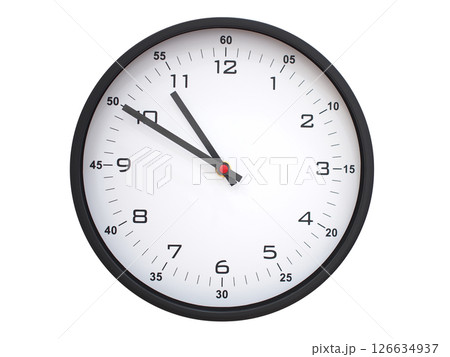 A modern white face with black numbers analog wall clock Showing 10:50 or 22:50. Isolated on White Background. 126634937